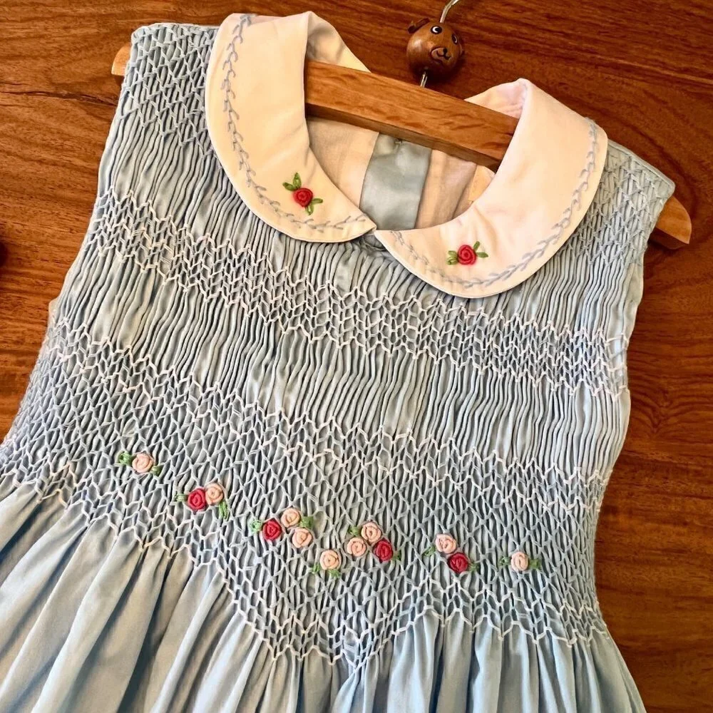 Solid Blue Smocked Dress Pink Rose Embroidery Peter Pan Collar & Sock Bundle